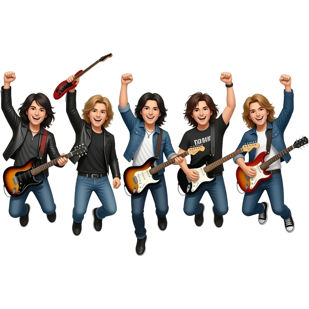 a musical group of rockers who jump with guitars in the air emoji