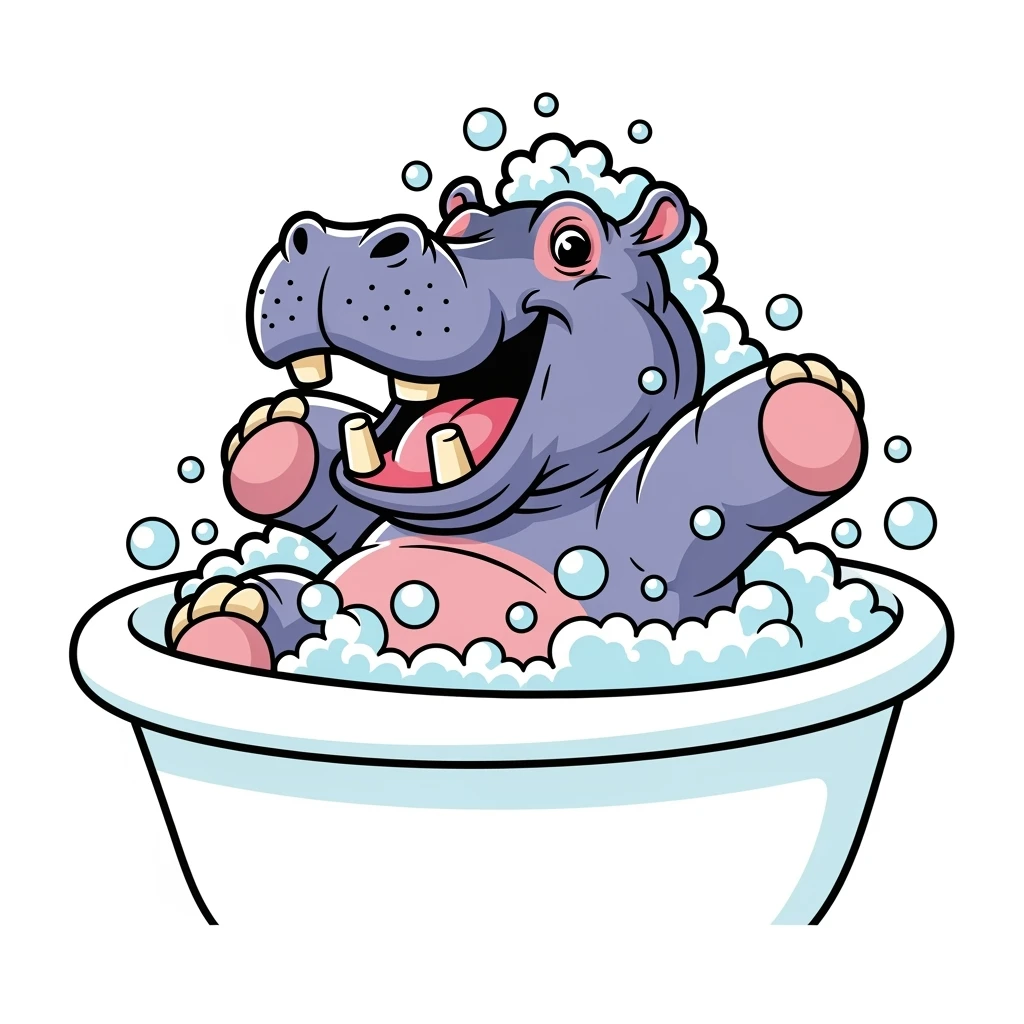 color vector art with outline of happy hippo with bubbles in bathtub emoji