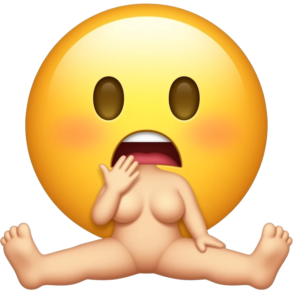 This same emoji, naked with big boobs, sitting with legs spread apart wide open, and touching her hairy vagina and having an orgasm emoji
