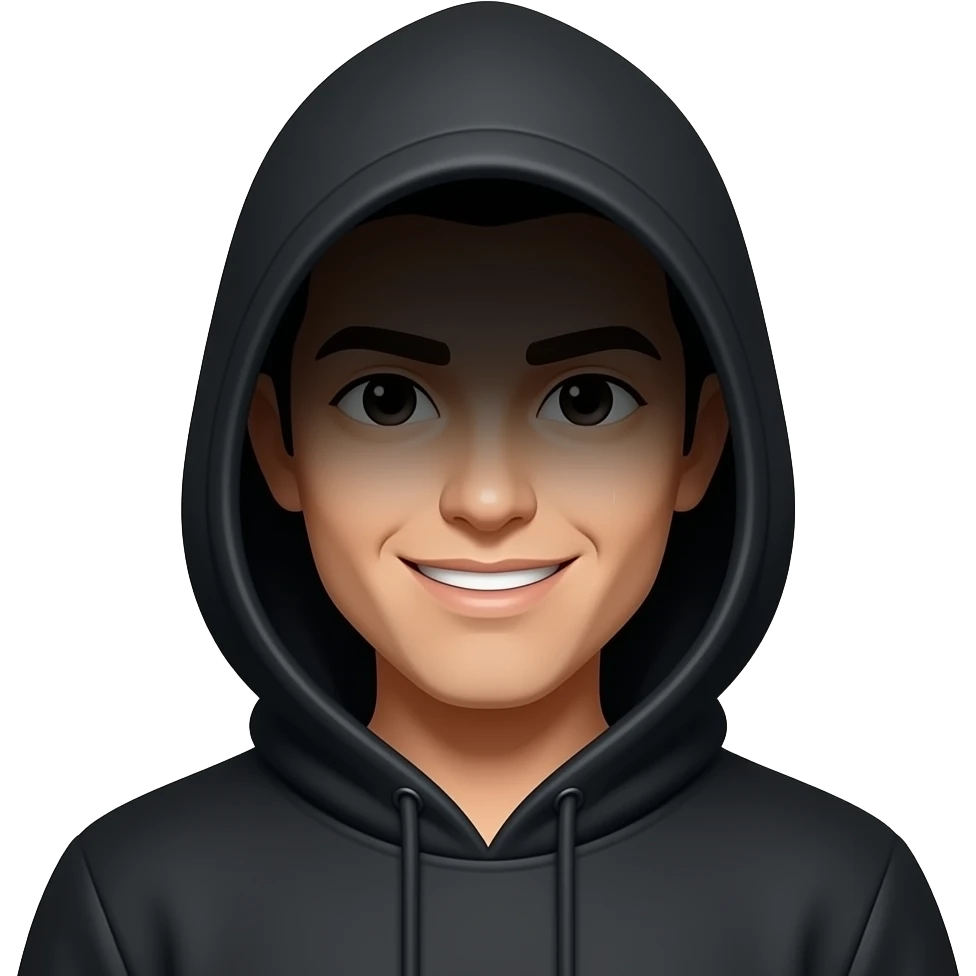 Black hoodie with entire face covered in shadow.  face showing only the light of the nose and a slight smirk on one side of her mouth emoji