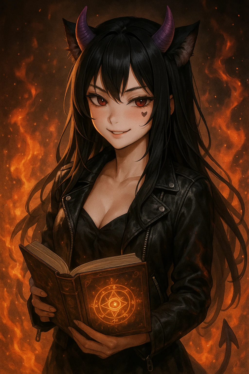 realistic anime style devil catgirl with purple horns, long black hair, leather jacket, enchanted book, fire effects, heart tattoo under eye, sly smile emoji
