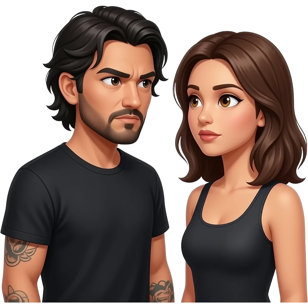 A really sad but angry Latino husband with medium length hair and beard and tattoos found out his wife was cheating on him with a bald, red bearded guy, and his wife is beautiful with hazel eyes and shoulder length brown hair and their relationship is broken emoji