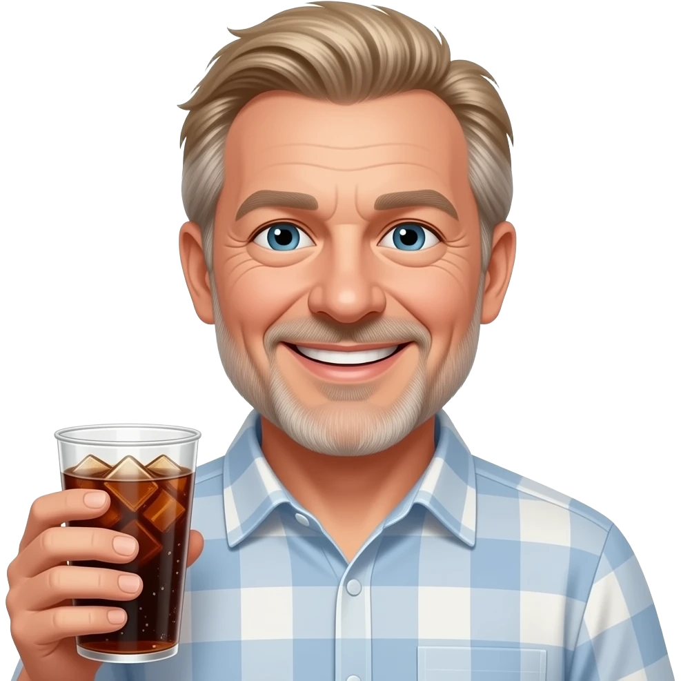 KEEP THIS MAN- MAKE HIM SMILING AND MESS UP HIS HAIR -MAKE HIM IN HIS 50S- GIVE HIM A COLLARED SHIRT AND BLOND SALT AND PEPPER HAIRSHOW ME A WHITE MAN --WITH A ROUND FACE-- HOLDING A CUP OF SODA emoji