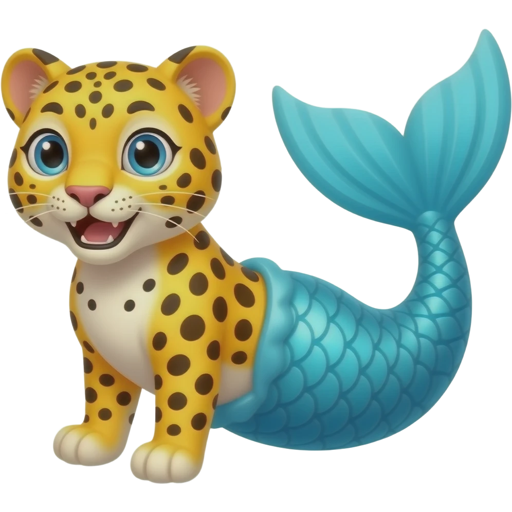 A cartoon style of Yellow Leopard with #B8FFFF mermaid tail emoji