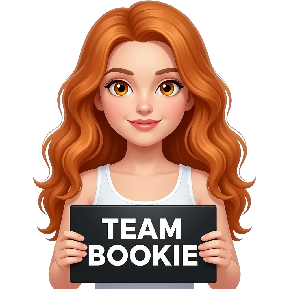 sexy girl with long wavy ginger hair and ginger eyes wearing a white tanktop is holding a black colored sign with TEAM BOOKIE written on it emoji