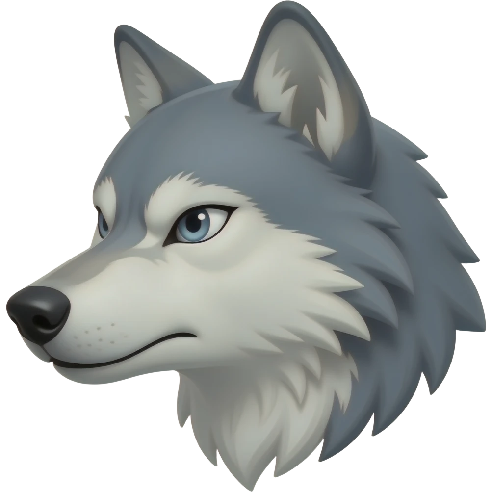 angry face light gray wolf head little bit anime eyes realistic Turn sideways light blue gray eyes dead stare emoji
