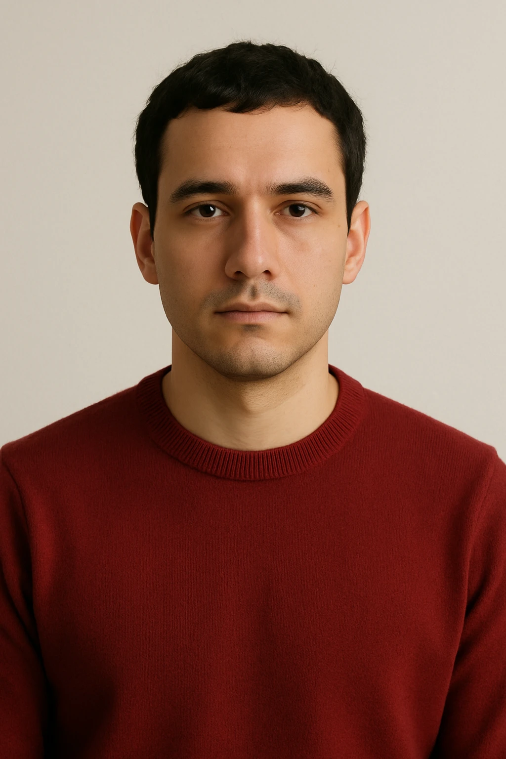 a guy with a red sweater, brown eyes, and black hair, neutral expression, upper body only, plain background emoji