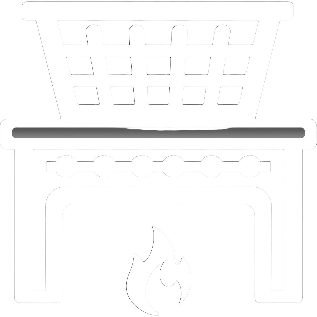 Icono de un estufa industrial con canastilla arriba y llama estilizada debajo, que sea icono en blanco, estilo outline emoji