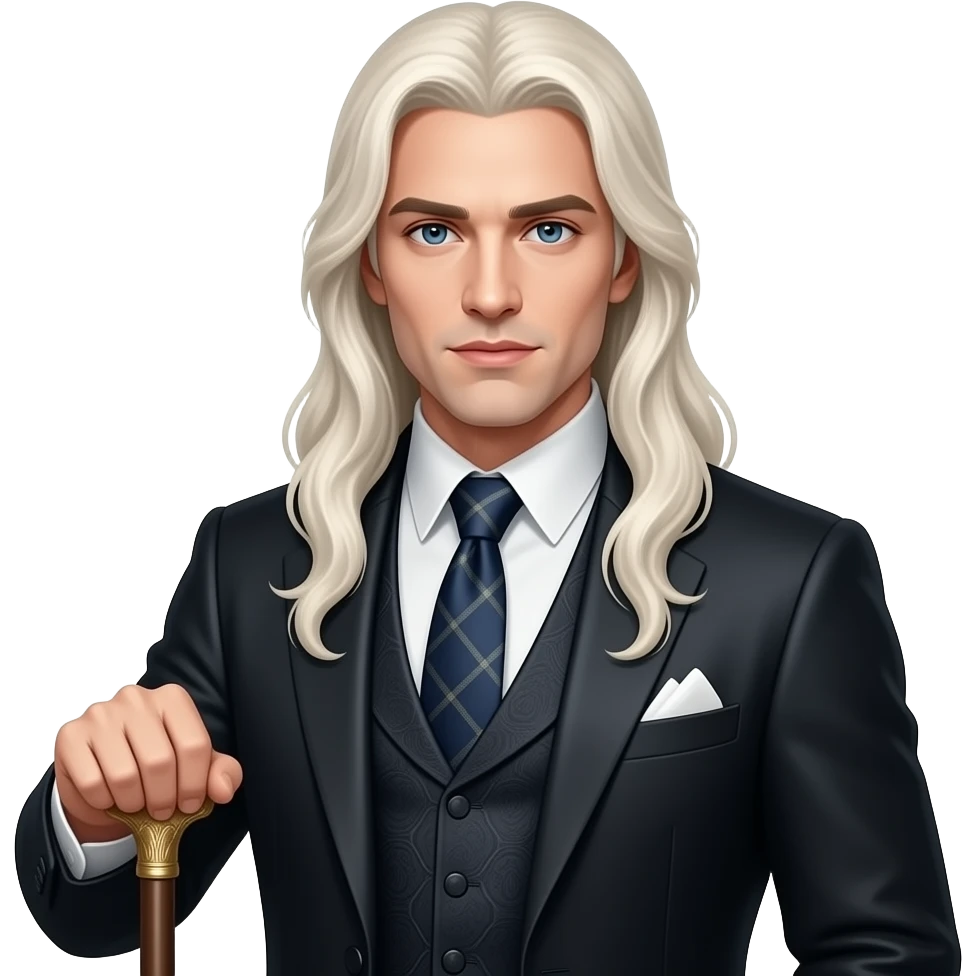 Lucius Malfoy emoji, Apple style, clean 3D, soft gradients, adult man, long platinum blond hair, aristocratic features, cane, cold expression, minimal icon, centered, white background, high detail emoji