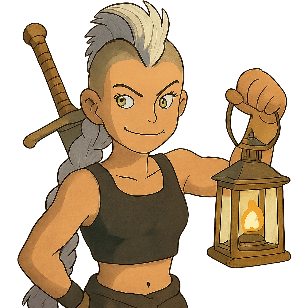A sword maiden, mohawk, long braid white hair with lavender tips, gold yellow eyes, black crop top, brandishing a lantern. Mischievous smirk emoji