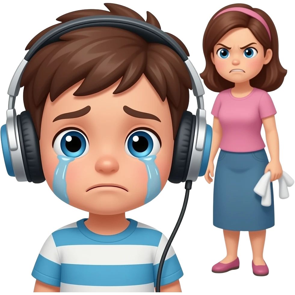 and then add a mom in the background and then make the boy cry and add head phones and also make the mom look like she is getting mad at him for not doing chores emoji