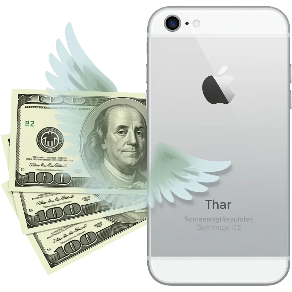 A banknote with wings lies next to a white iPhone 5s emoji