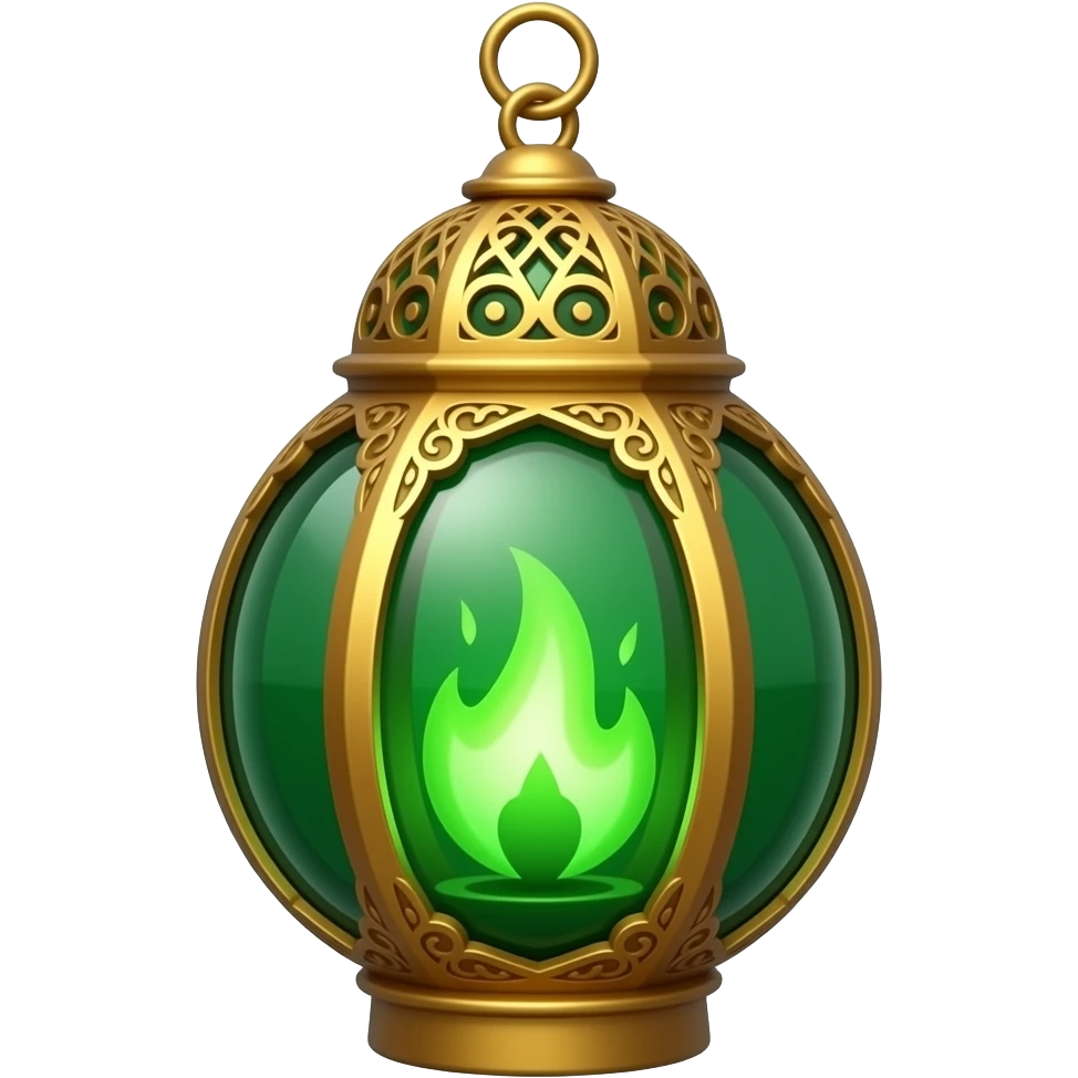 A golden hanging lantern with a bright emerald green flames, an empty loop on top, fae filigree themed, but simple focus more on the green flames, paint the glass more green emoji