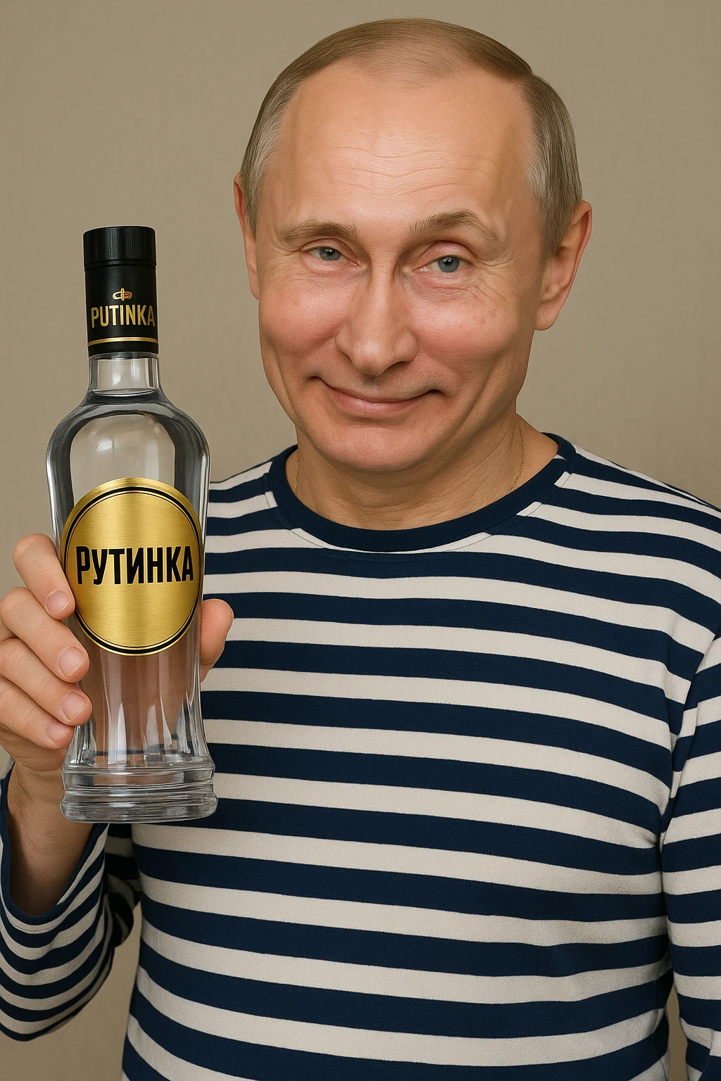 Сгенерируй мне как владимир путин в тельняжке держит эту водку, и на ней прям написанно только Путинка, другой текст убери. Он не должен касаться краев изображения и полностью помещаться в экран, а так же хитро улыбаться emoji