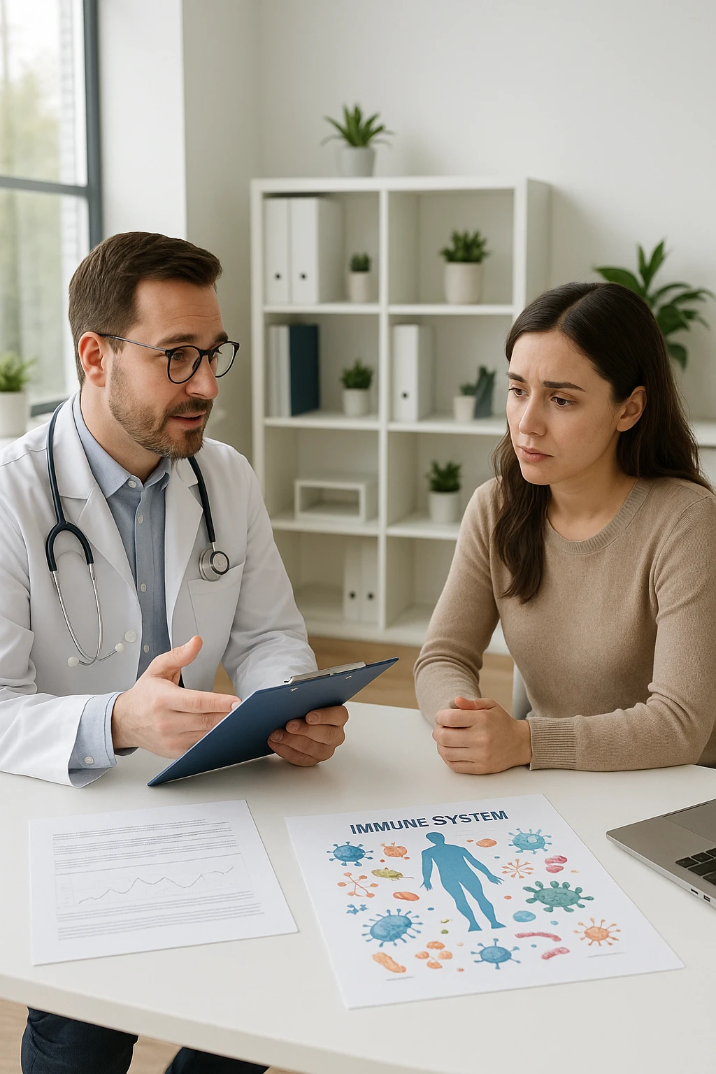 a doctor sits across from a patient in a bright, modern medical office. The doctor holds a clipboard and gently explains the diagnosis, while the patient listens with a concerned but attentive expression. On the desk, there are medical charts and a diagram of the immune system. The mood is empathetic and professional. emoji