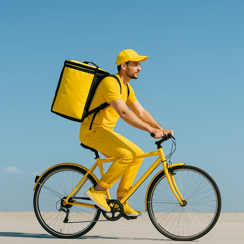 A courier on a yellow bicycle wearing yellow clothes, riding from left to right emoji