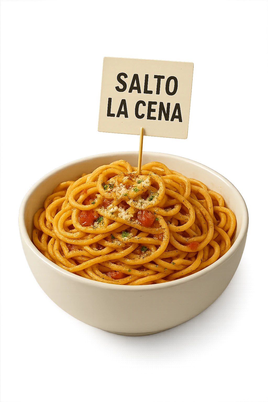 BOWL DI PASTA CON CARTELLO CON LA SCRITTA "SALTO LA CENA",  iperrealistico 4k emoji