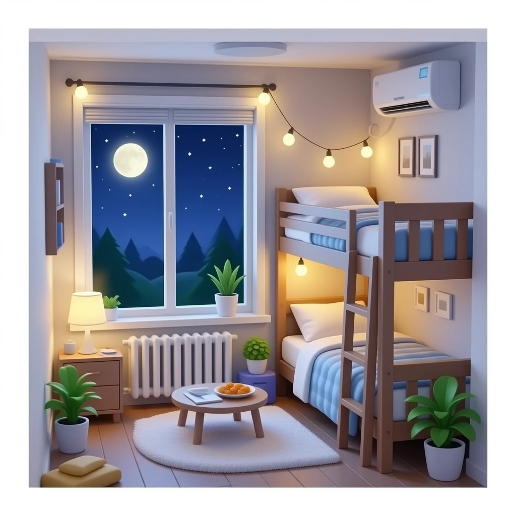 Yummy snacks and ldc lights  and cozy fuzzy blankets and a flying home  in night and a cozy moon and a big window and snacks and inside the house is flying and thers a aircon and a bucnk bed emoji