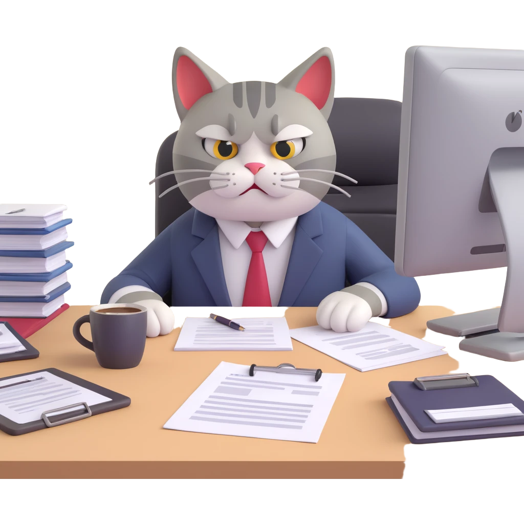 very angry exhausted cat in office attire with furrowed brow glaring eyes slumped at messy desk with paperwork coffee mug computer frustrated after 12 hour workday terrible week about to reply to annoying questions from colleagues emoji