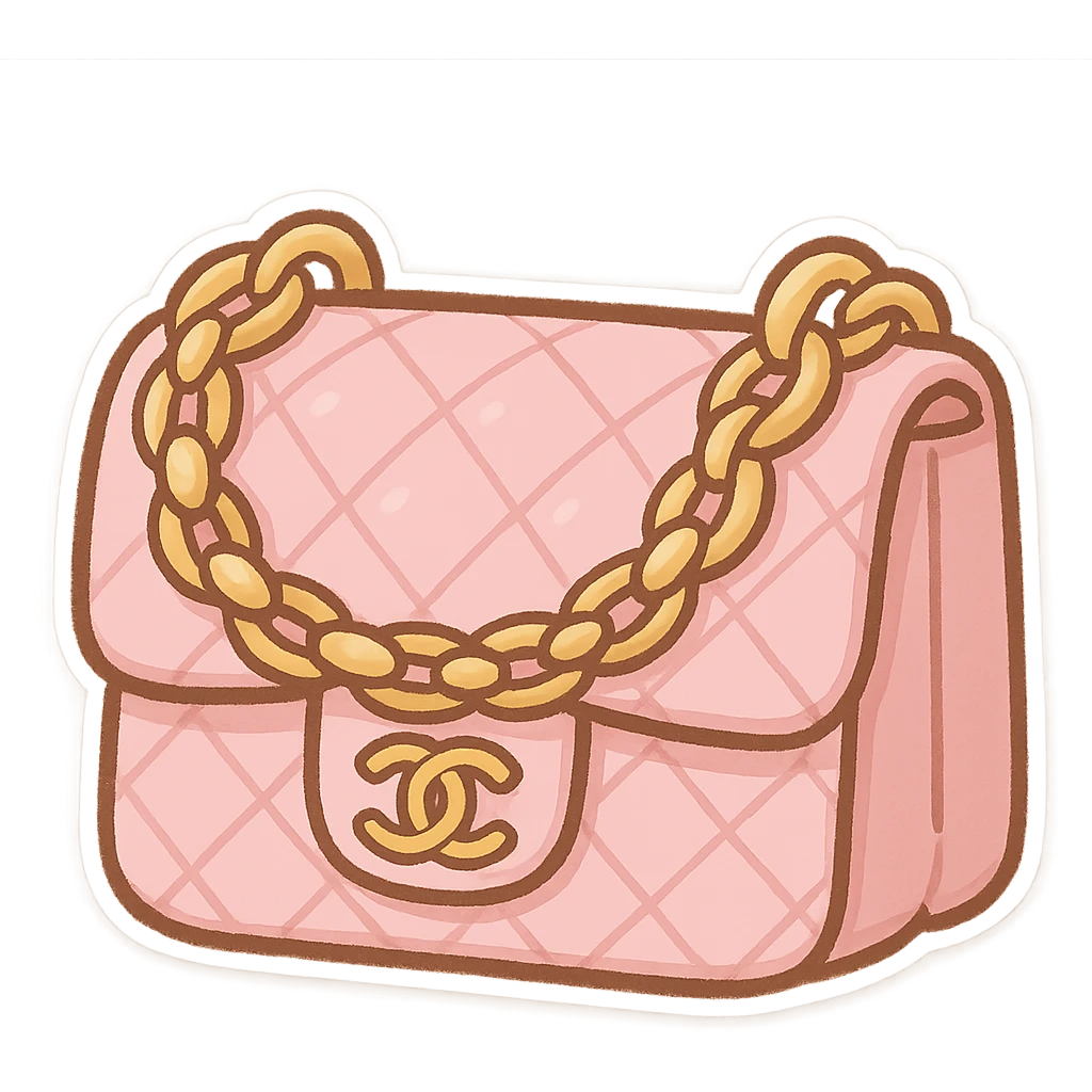 pink Chanel purse with a quilted pattern and chain strap, cute and exaggerated chibi stickers style emoji