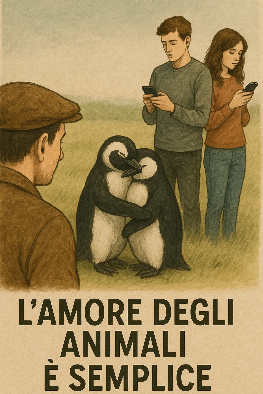 Vertical format: A man watching two penguins hugging. Next to them, a human couple is immersed in their phones and distant from each other. Include Italian text: 'L'amore degli animali è semplice'. emoji