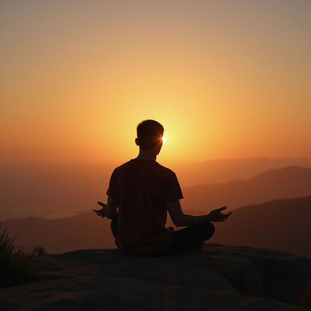 vertical photograph of a man practicing fasting to regenerate the body, man watching the sunset, contemplative atmosphere, realistic style emoji
