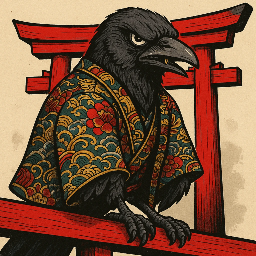 A tough-looking crow with a gold tooth, wearing a patterned yakuza jacket, perched on a red torii gate. emoji