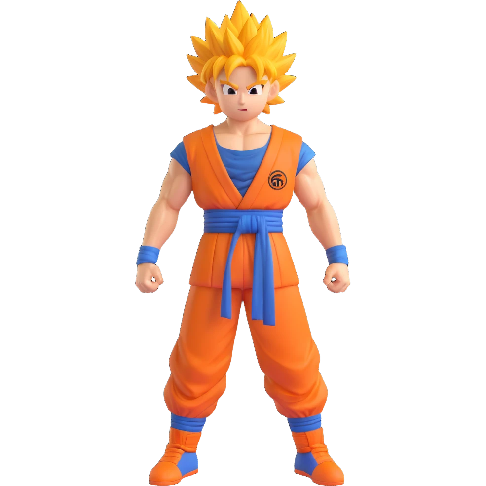 Goku, spiky hair, orange gi, 3D cartoon style emoji