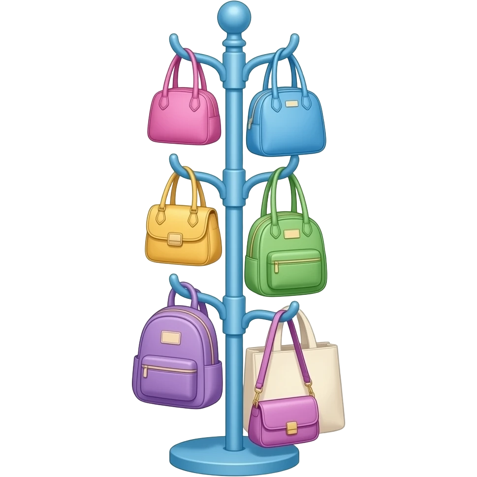 pink, blue, yellow, green, purple bag and blue vertical standing coat hanger pole with multiple hooks , each level holding different bags such as handbags, backpacks, tote bags, and crossbody bags, inspired by Barbie colour palette emoji