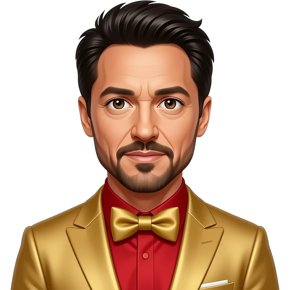 Robert Downey Jr with dark brown eyes, black hair, red silk shirt, gold silk suit with bow tie emoji