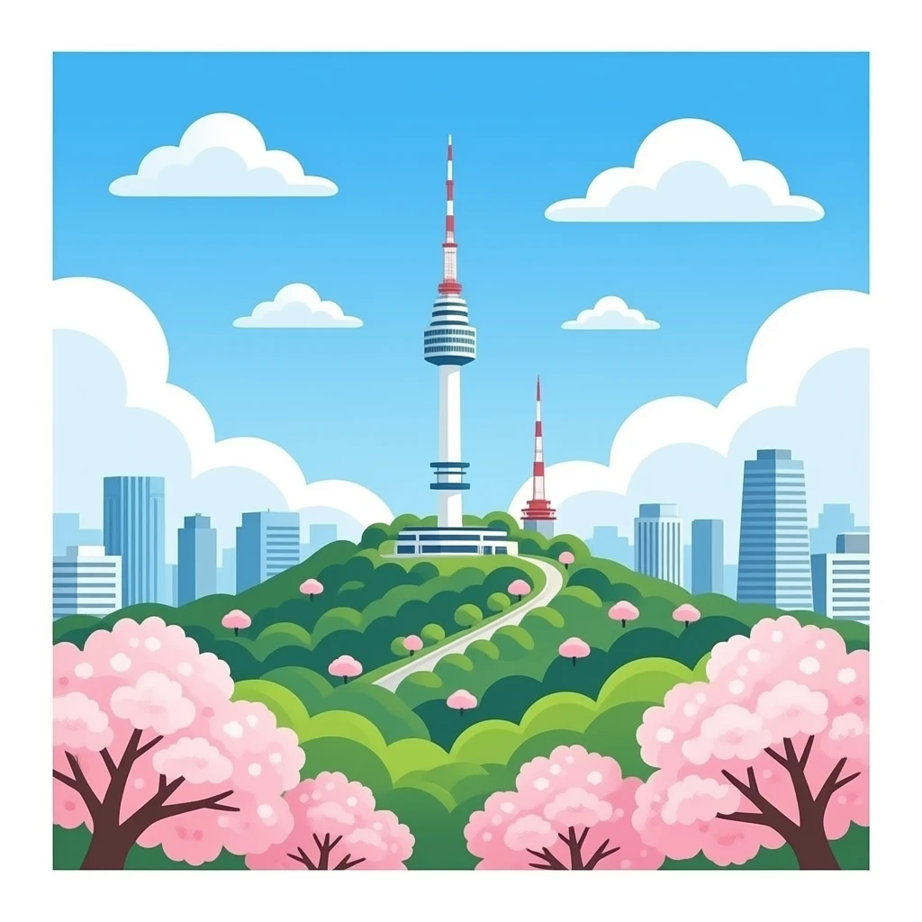 Namsan Seoul Tower on a hill, blue sky with fluffy clouds, cherry blossoms, bright spring day, clean landscape photography, minimal composition emoji