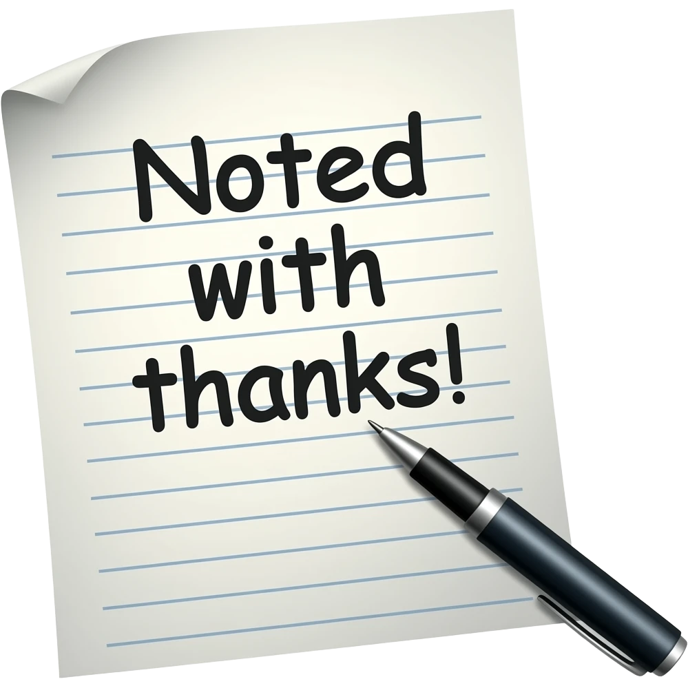 a sheet of paper with the words "Noted with thanks!" written on it and a pen lying next to the paper emoji