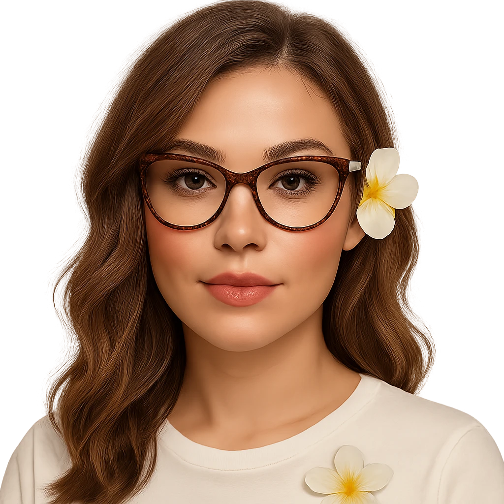 profile picture of a woman with light brown wavy hair, wearing blush and bronzer, cheetah print glasses, a white top with a frangipani flower on it, and long lashes emoji