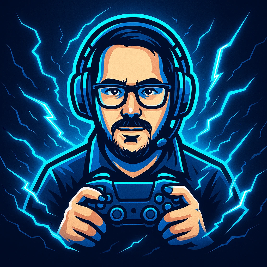 Create a modern, bold gaming logo based on the reference photo. Stylize the person with a cool gaming headset and holding a controller. Add glowing blue and white effects, with dynamic lightning accents. Use blue as the primary color. Make it energetic and suitable for a 'stream starting soon' background. emoji