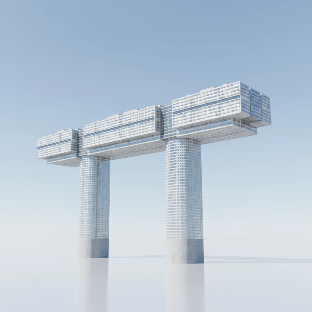 Три панельки, объединенные в одно длинное суперздание. Оно стоит на двух высоких стойках, которые как опоры держат ее на себе. Внутри стоек есть окна (они жилые).

Фотореализм. Абсолютно прозрачный фон emoji