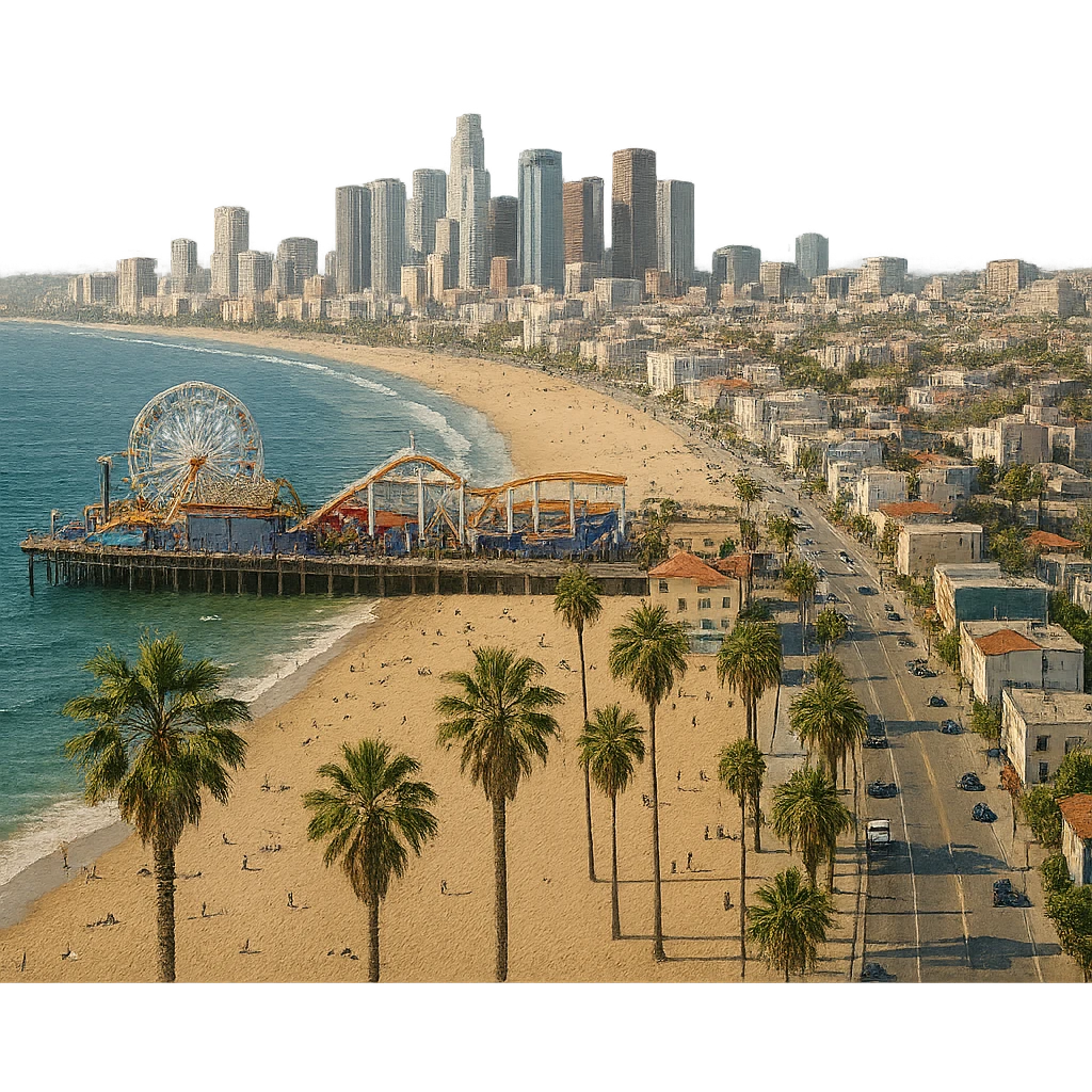 cinematic realistic emoji of Los Angeles, wide city view focusing on the coast with the Santa Monica Pier, Venice Beach, Pacific Park Ferris wheel, and palm trees, lifelike architectural detail, accurate colors, bright daytime lighting, fully transparent background, no sky, no clouds, no city name label emoji