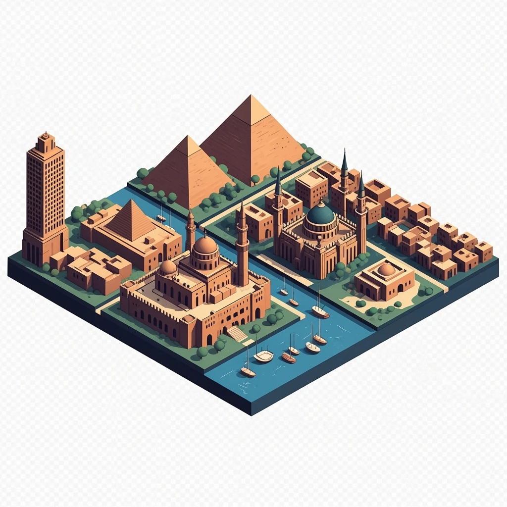 Isometric minimalistic illustration of Cairo, subtle 3D miniature effect and Tilt Shift effect, no cartoonish look, transparent background. emoji