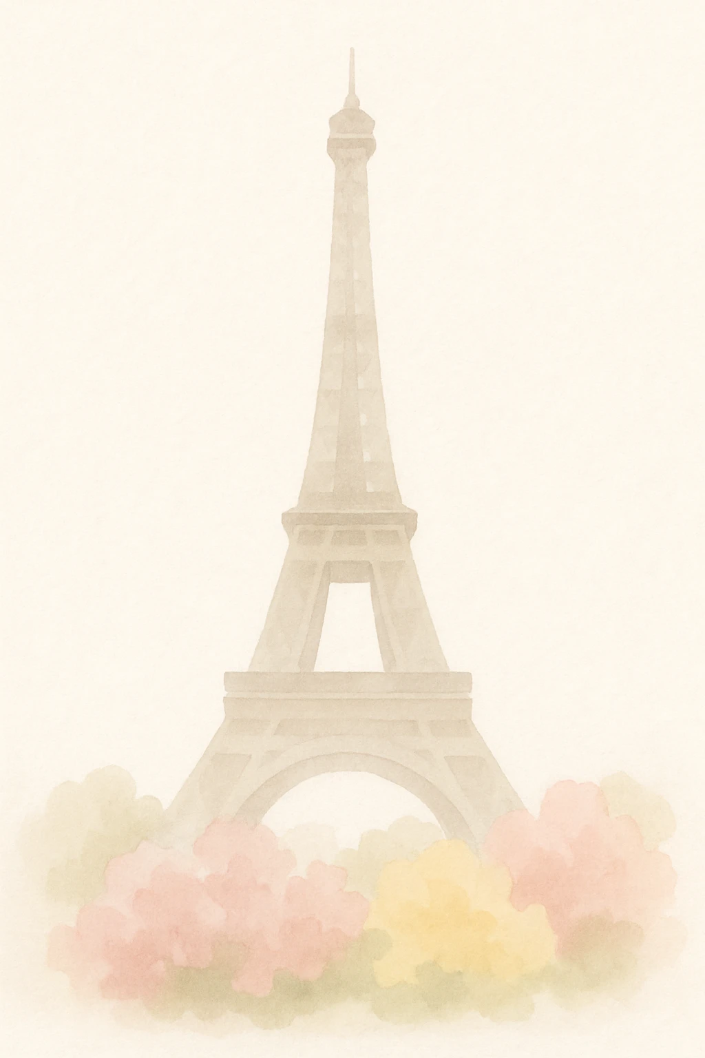 soft watercolor style illustration of the Eiffel Tower with colorful bushes of pink and yellow flowers at the base emoji