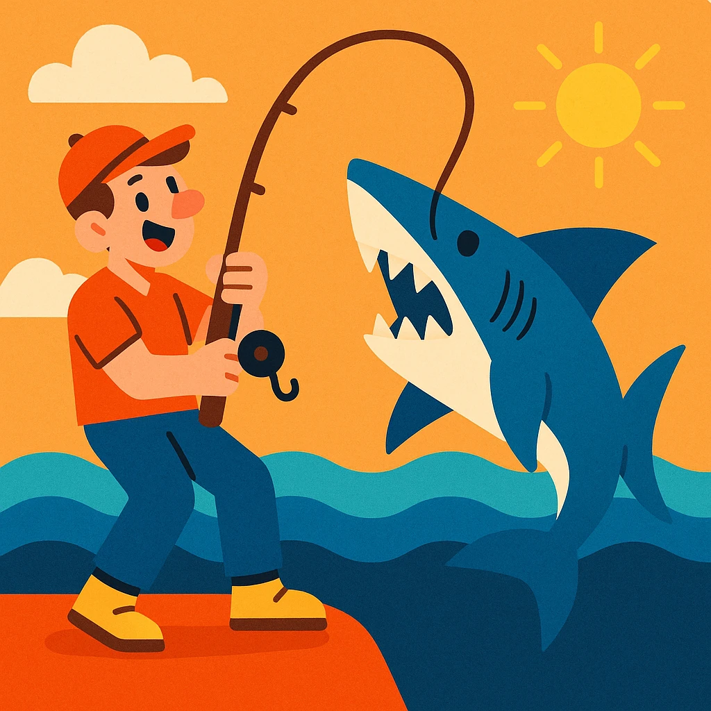 a man holding a fishing pole with a shark at the end of the line, clear and engaging style, vibrant and colorful illustration emoji