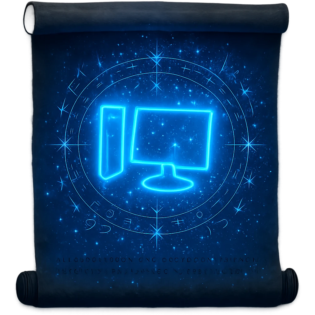 Enhance the Windows 'My Computer' icon on the spell scroll by increasing the magical blue glow and ethereal aura. Add more radiant glintstone light, sparkling magical particles, and a vivid mystical effect while keeping the design minimal and clean. Maintain a transparent background and 1080 x 1080 resolution. emoji