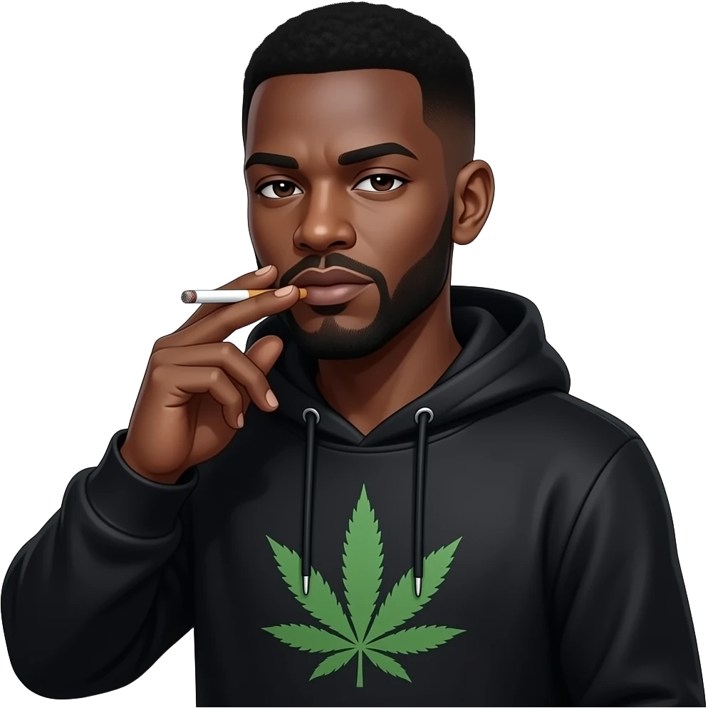 African Gothic man smoking a weed cigarette, wearing black hoodiess with a Marijuana leaf on each hoodie. Smoke coming from the cigarettes around him in the air. emoji