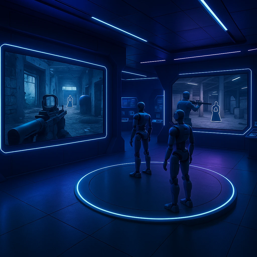 virtual combat training space, modern simulation room, interactive screens, robotic trainers, blue and purple tones, no text emoji