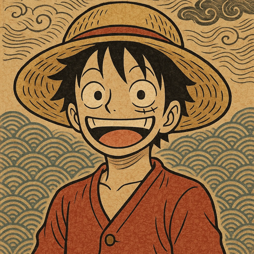 Monkey D. Luffy, anime style, wearing a straw hat, cheerful expression emoji