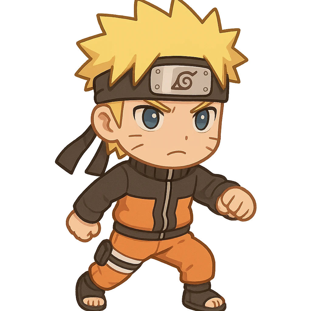 Naruto Uzumaki in a standing motion, he has a serious expression on his face, chibi sticker emoji