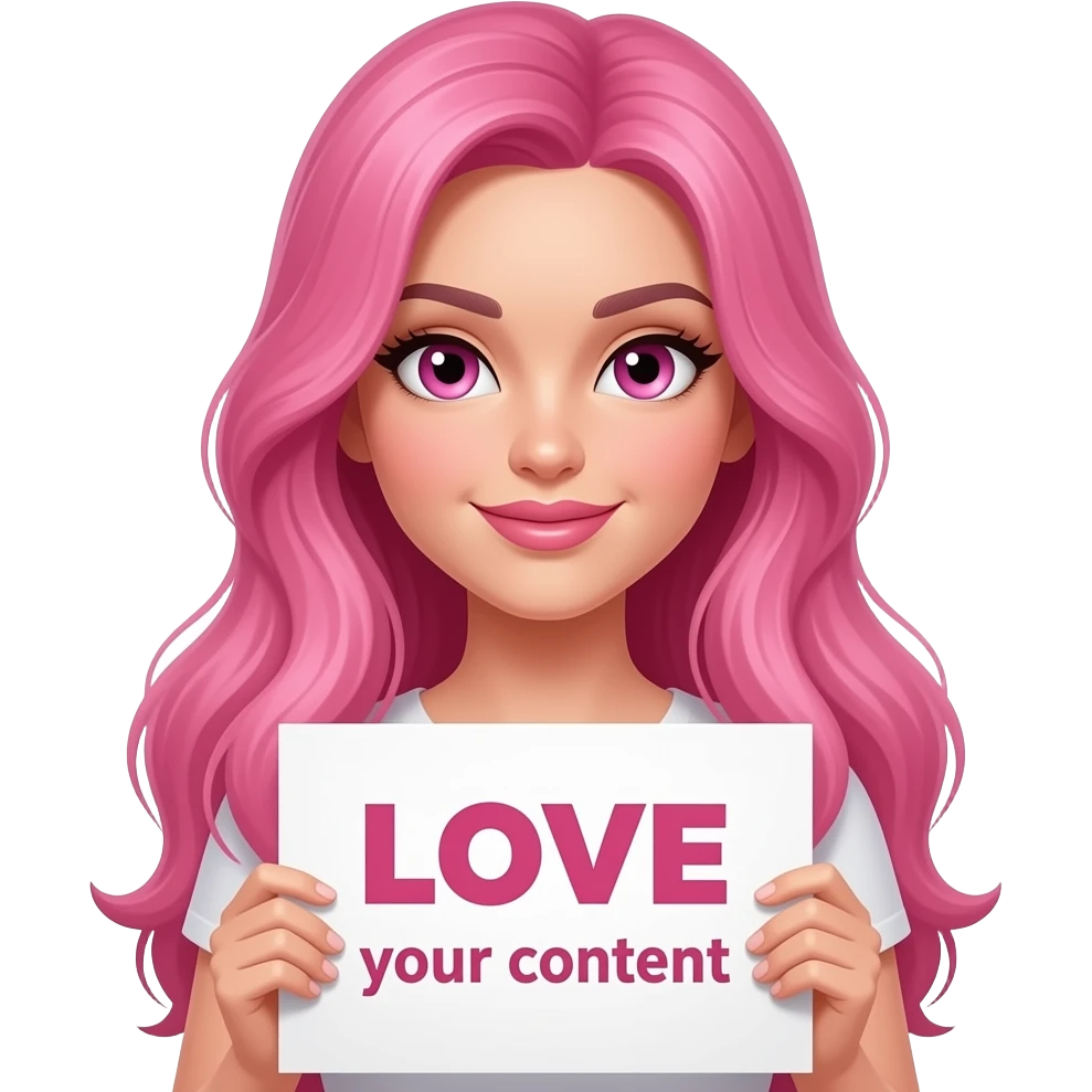sexy girl with long pink hair and pink eyes wearing a holding a LOVE your content sign emoji