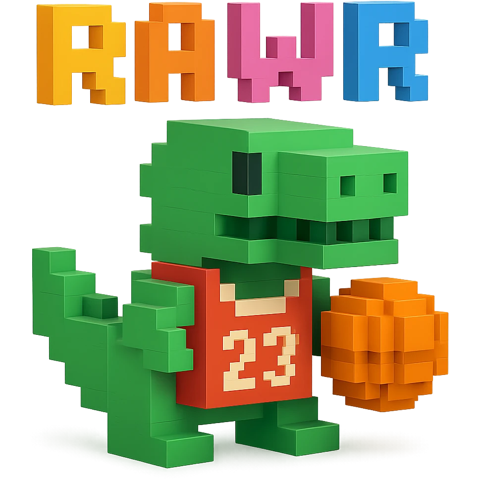 надпись "RAWR" и динозавр с баскетбольном мячом в майке с надписью "23", no background emoji