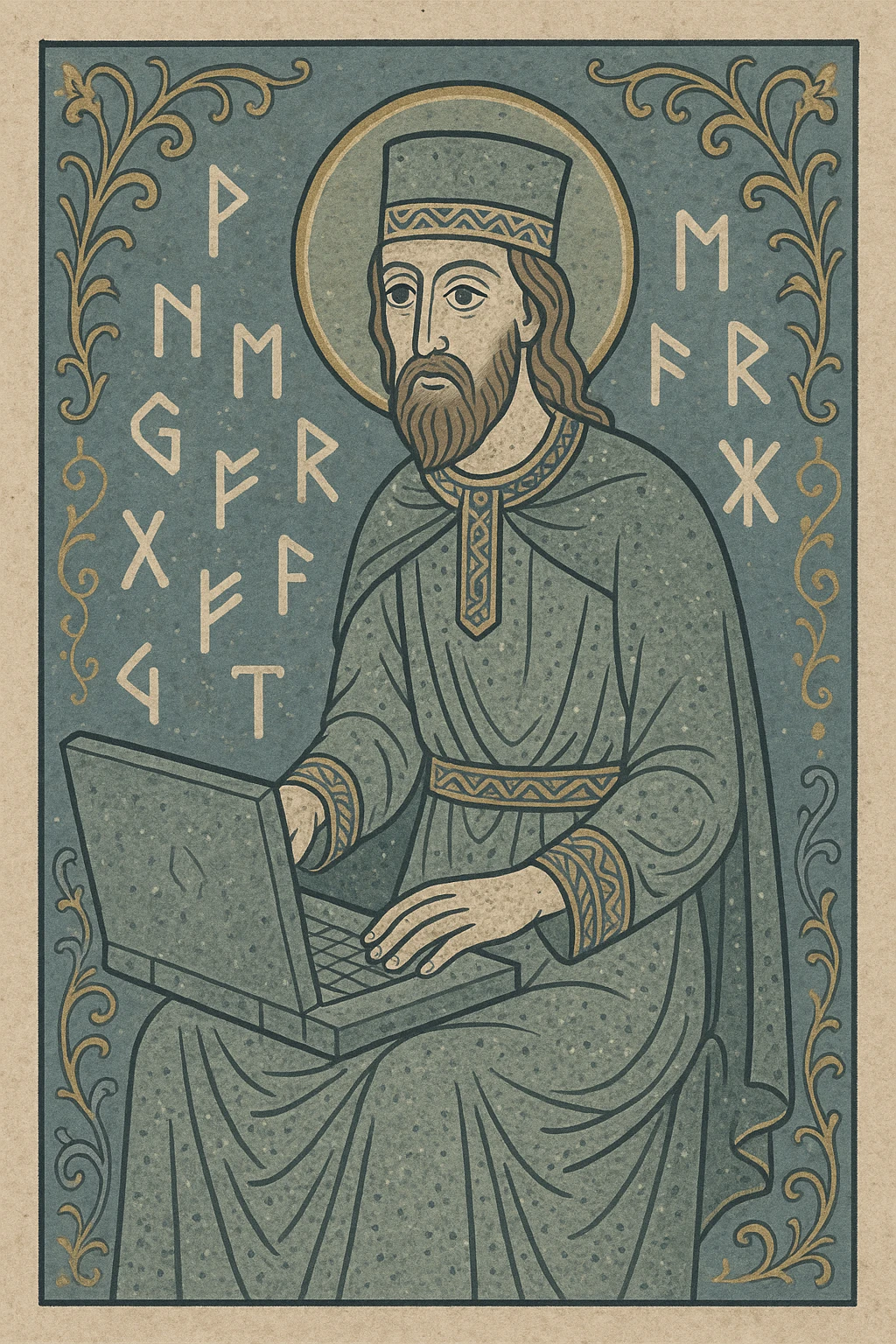 Ancient Slavic coder using a stone laptop, surrounded by runes, painterly historical illustration style emoji