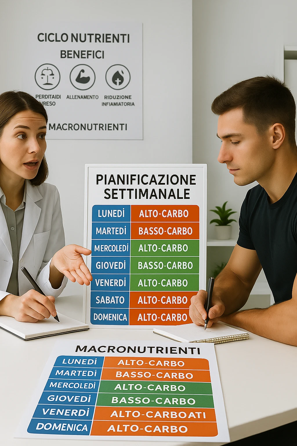 a nutritionist explains to an athlete how to cycle macronutrients for fat loss and training. On the desk, a weekly meal planner shows alternating high-carb and low-carb days, with color-coded sections for proteine, grassi, and carbo. The athlete takes notes, and a chart in the background illustrates the benefits of nutrient cycling. The mood is professional and educational. scritto in italiano emoji