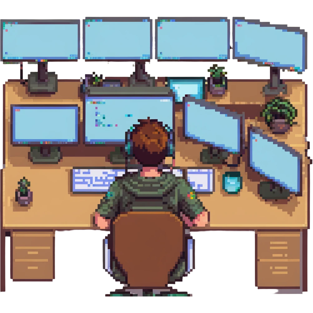 coder at a desk with multiple monitors, pixel art style emoji