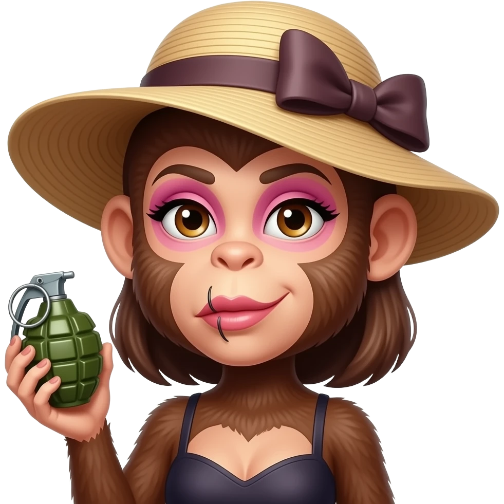 Обезьянка-девочка с ярким макияжем в модной женской шляпке с широкими полями и бантом, губы накаченные ботексом,  и гранатой в руке emoji